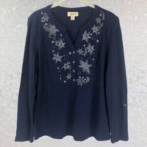Style & Co Dark Blue Long Sleeve Top with Embroidered Stars Decoration